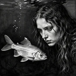 little fish, big fish, swimming in the water come back here, man, gimme my daughter, ink drawing of by hieronymus bosch hyper realistic, dark fantasy detailed, high definition insanely detailed, bitter super - resolution microscopy dark lighting, x - ray black and white