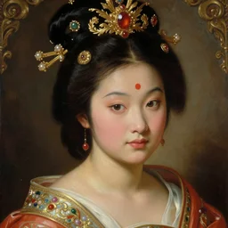 Baroque painting of a Mulan, inspired by Gustav Moreau and Wayne Barlowe, exquisite detail, hyper realism, ornate, exquisite detail, cute face