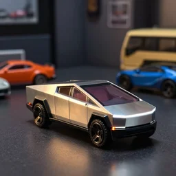 cybertruck hot wheels on a desk with other toys in the background, depth of field, dramatic lighting