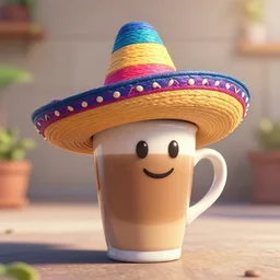 animated anthropomorphic coffee cup wearing a colorful sombrero sombrero, wearing a sombrero