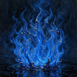 3 d, rain, flame, deep blue mood, liquid metal and black water, poster art, high detail, intricate oil painting, multiple exposure, heaven mood, hyperrealism, 3 d, by tooth wu and wlop and beeple and greg rutkowski