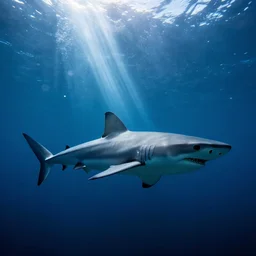 shark underwater, underwater light beams ,beautiful dynamic lighting, cinematic, wide angle establishing shot, extremely high detail, photo realistic, cinematic lighting, post processed, concept art, artstation, matte painting, style by frederic church, raphael lacoste, unreal engine 8k