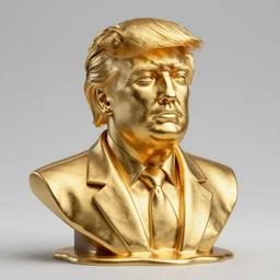 melting gold bust of alternate reality leader trump jong - un, the statue is melting with drips of molten metal falling like lava, ground angle, uhd 8 k, sharp focus