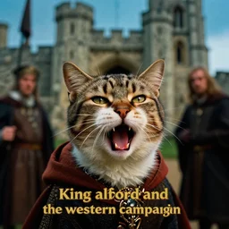 dramatic shallow depth of field historically accurate film still of a cat purring for king alfred at the castle of westminster from a medieval cyberpunk film from the 8 9 0 s titled'king alfred and the western campaign ', photographed by denis villeneuve and ridley scott, colorful lighting high contrast, grainy hyperrealistic shocking detail trending on artstation 8 k