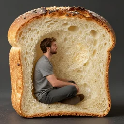 man living inside a bread seen from outside, hyper detailed