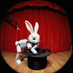 a fish - eye view of a magician's arm pulling a robot rabbit out of a hat on stage. red curtains in the background.. dark black background. highly detailed by norman rockwell, moebius, frank frazetta, and syd mead. rich colors, high contrast. artstation