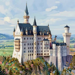 the fantasy castle is looming over the hills, vivid intricate vibrant elaborate pastel inks, background landscape environment illustration, brad rigney willian murai ilya repin dragan bibin pete mohrbacher, raymond swanlandy stephan matiniere.