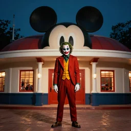 the joker standing in front of the mickey mouse clubhouse