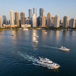modern sprawling city, navy blue lake with many small boats and many yachts, turbulent reflective foamy water, unreal engine, photorealistic, hyperdetailed, golden hour