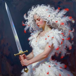 a painting of a woman who made of curly white feathers which with red edges is holding a sword, a digital painting by peter mohrbacher, trending on artstation, metaphysical painting, speedpainting, made of feathers, digital painting, holographic undertones, highly saturated colors, 4 k, digital art, concept art, trending on artstation