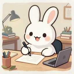 a gouache painting of a cute happy cartoon rabbit sitting at a desk writing on a paper, llustration, josan gonzales, wlop, james jean, Victo ngai, David Rubín, Mike Mignola, Hergé, Joost Swarte, Moebius, Laurie Greasley, artgerm, highly detailed, sharp focus, Trending on Artstation, HQ, deviantart