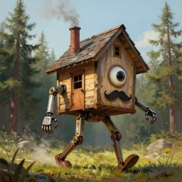 a walking mechanical wood house with mechanical legs, one big eye, mustache, smoky chimney, rust, hyperrealistic, highly detailed, cinematic, single ray of sun, morning, pareidolia, dynamic composition, gravity falls style, beautiful, pine trees in the background, cgssociety, artstation, 8 k, oil painting, by rhads