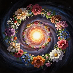 An epic fantastic realism comic book style painting of the most beautiful spiraling entwined flowers launched exquisitely across the dark spinning universe, floating bouquets, fisheye, bright exploding sun, unreal 5, DAZ, hyperrealistic, octane render, dynamic lighting