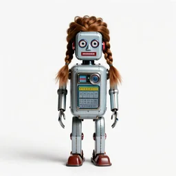 braided-hair retro tin robot, photorealistic portrait photography, full body, standing, isolated on a pure white background, centered, whole figure in frame, sharp focus, studio lighting