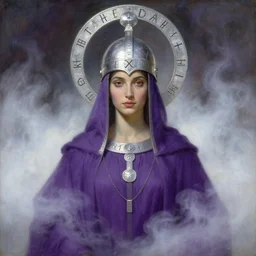portrait of a divine person dressed in purple robes and a round helmet, silver crown, runes, jewelry, mystical, ethereal, magical white fog, painting by greg rutkowski and alphonse mucha