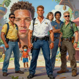 a mixed media portrait painting of crockett and tubbs, miami vice, detailed facial features, by frank frazetta, greg rutkowski, beeple, yoko taro, christian macnevin, beeple, wlop and krenz cushart, epic fantasy character art, volumetric indoor lighting, midday, high fantasy, cgsociety, cheerful colours, full length, exquisite detail, post - processing, masterpiece, cinematic