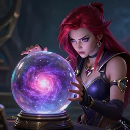 league of legends, kai'sa looking into a crystal ball with a purple and pink galaxy inside, realistic
