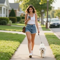 dream An attractive young woman looking at her cell phone walking her small white dog on the sidewalk in the suburbs. Affluent neighborhood. Mid afternoon. Summer.
