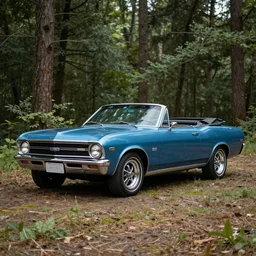 1 9 6 3 blue chevy nova convertible, parked in a forest clearing
