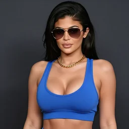 Kylie Jenner big bust with aviators on while wearing a blue crop top with cleavage with golden chains around her neck, Realistic, 4k Resolution, 8k Resolution, Detailed, Very Detailed, Highly Detailed, HD Quality, Digital Art, Trending on Artstation