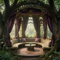 art nouveau seating area in a fairy treehouse, cinematic scene, pools of light, velvet curtains hanging from trees, hazy light coming through windows, whimsical, hyper - realistic, hypermaximalist, detailed, atmospheric, 8 k, octane render, unreal engine, designed by dior, inspired by hayao miyazaki, wex digital, photographed by arivetere
