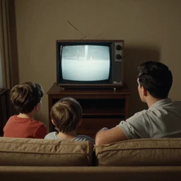 “ a dimly lit 1 9 5 0 s interior, a family sits on the couch watching tv, we see the tv over their shoulders ”