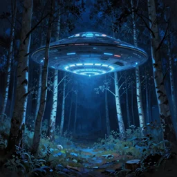matte painting glowing spaceship in clearing in birch Forest at night. Forest is lit by eerie blue glow. Ufo. Digital painting. Beeple. Noah Bradley. Cyril Roland trending on artstation