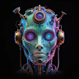 hyperdetailed portrait of a spaced out steampunk robot head, 8 k, symetrical, flourescent, halluzinogenic, meditative, multicolored vector art, black background