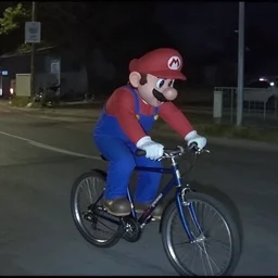 low resolution, bad quality, nightfootage security cam footage of cursed mario stealing a bicycle, grainy, low res