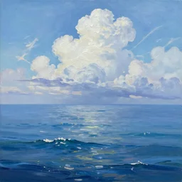 beautiful oil painted serene ocean with flowy clouds dreamy fantasy painted by Halil Ural trending on artstation