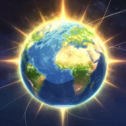the sun powering the earth by an intricated cable in anime aesthetic, atmospheric and colorful