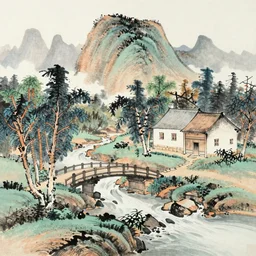 a chinese landscape painting, under a small bridge near a cottage a stream flows