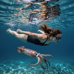 long shot photo woman swimming with squids, highly detailed, photorealistic, reflections, smooth, sharp focus, concept art, illustration, beautiful, geometric, trending on artstation, cinematic, featured on behance , artwork by WLOP and Tran, Ross