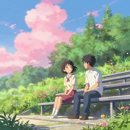 a beautiful anime style illustration of a girl and a guy sitting on football bleachers, background shot, by makoto shinkai, pink theme, heavenly lighting, breathtaking clouds, blue sky, colourful flowers in garden in side, high polycut, green tall trees