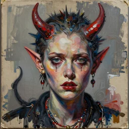 heartbroken aesthetical devil detailed photo and highly reliefed analogue mixed media collage with canvas texture in style of conteporary art, punk art, hyperrealistic beautiful face, photorealistic, expressionism, masterpiece, perfect composition, spectacular quality, intricate oil details