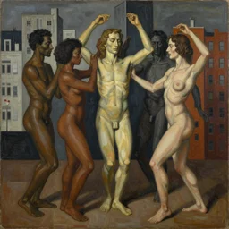 a stylized painting of multiracial gods dancing against an city background in contrasting colors, by francis bacon, george luks and victor brauner, muted color scheme, extreme detail