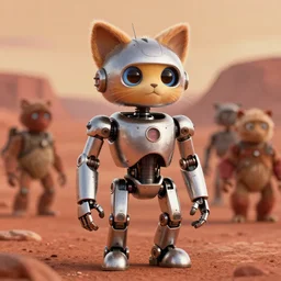 film still from the movie chappie of the robot chappie shiny metal outdoor planet mars red rock scene bokeh depth of field several figures furry anthro anthropomorphic stylized cat ears head android service droid robot machine fursona
