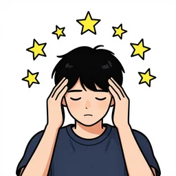 guy with headache, stars around the head, comic style