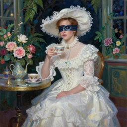 blindfolded very thick paint brush strokes paint texture full body fashion model emma watson by Jeremy Lipking by Hasui Kawase by Richard Schmid (((smokey eyes makeup eye shadow fantasy, glow, shimmer as victorian woman in a long white frilly lace dress and a large white hat having tea in a sunroom filled with flowers, roses and lush fern flowers ,intricate, night, highly detailed, dramatic lighting))) , high quality