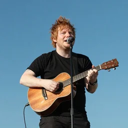 Ed Sheeran parachuting in the sky playing small acoustic guitar and singing