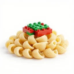 pasta with lego pieces on top, commercial photograph
