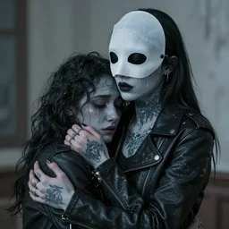 Hot young woman, grey skin, void eyeballs, tattoos, wearing a leather jacket, comforting someone in a shroud and mask, hugging them as they cry on her chest