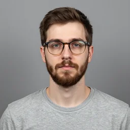 a mugshot of a young Caucasian man with a scraggly beard, grey t-shirt, grey eyes, brown hair, glasses