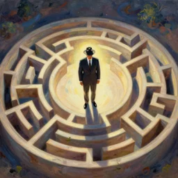 A suited man in a hat, standing in the middle of a giant circular head-shaped labyrinth maze, overhead shot, wide shot, painting, stylistic, art by Norman Rockwell