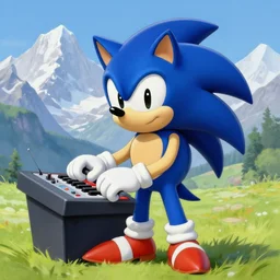 portrait of a sonic the hedgehog playing music console, mountain background! alps! jodhpurs greg manchess painting by sargent and leyendecker, studio ghibli fantasy close - up shot asymmetrical intricate elegant matte painting illustration hearthstone, by greg rutkowski by greg tocchini by james gilleard,