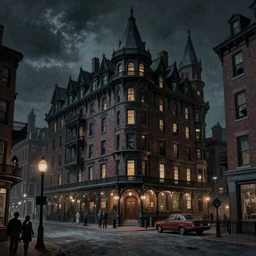 haunted gothic hotel, 1 9 2 0 s boston overlooking a dark street, lovecraft, photorealistic, dark, atmospheric lighting, painted, intricate, ultra detailed by leesha hannigan, thierry doizon, kai carpenter, well composed, best on artstation, cgsociety, epic, stunning, gorgeous, intricate detail, wow, masterpiece