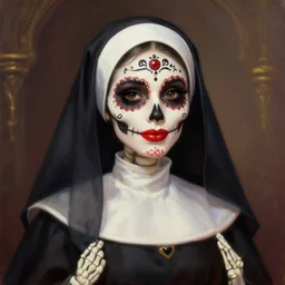 cute & beautiful smiling mexican undead skeleton girl with red lips dressed as a very attractive nun looking at the viewer, elegant, digital art, fantasy, pixar style, painting, pin up, highly detailed, artstation, art by artgerm, vrubel, boris vallejo and ilya kuvshinov
