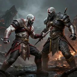 kratos from god of war fighting legion from titanfall 2 by greg rutkowski