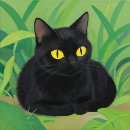 illustration of a black cat with yellow eyes resting between plants by shusei nagaoka kaws, david rudnick, airbrush on canvas, pastell colors, cell shaded