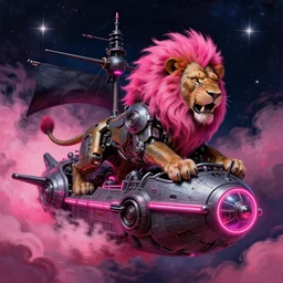 space, a mechanical lion with a pink mohawk drives a pirate spaceship, punk, hyperdetailed illustration, stars, pink, neon, oil painting, rich deep colors masterpiece, pirate neon ship, ultra detailed, contrast, heaven pink, clouds, volumetric light, atmospheric lighting, dramatic, cinematic, moody, octane render 4 k, 8 k